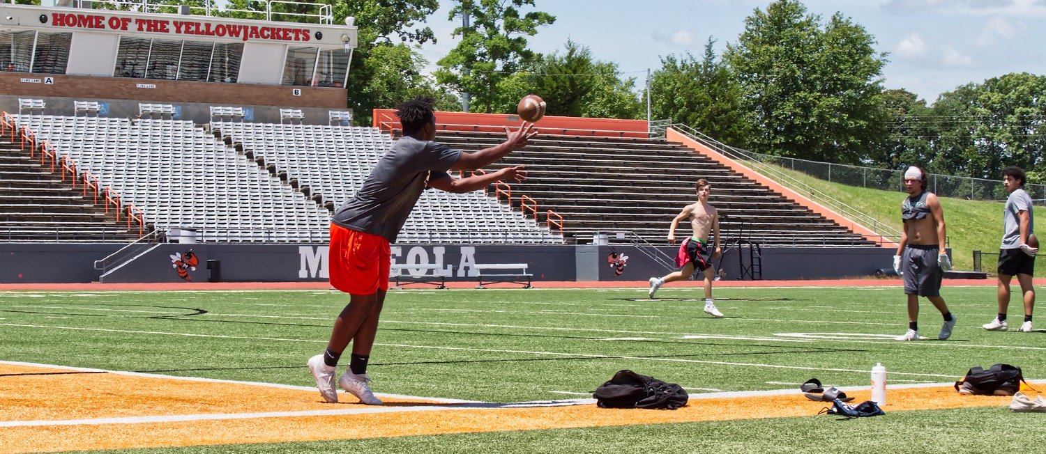 Thomas Hooten throws to Montrell Williams at Meredith Memorial Stadium during an informal workout. The Mineola players will be able to resume formal workouts June 8 after all school-related athletics were shut down in March by the coronavirus.